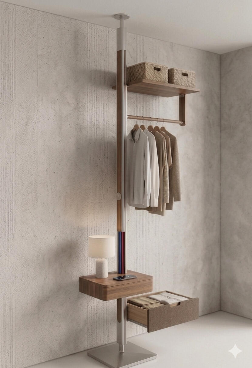 FloWal office workstation system featuring a vertical power-cabled cylinder with a top-mounted monitor and a lower printer shelf, highlighted by a glowing blue power indicator line