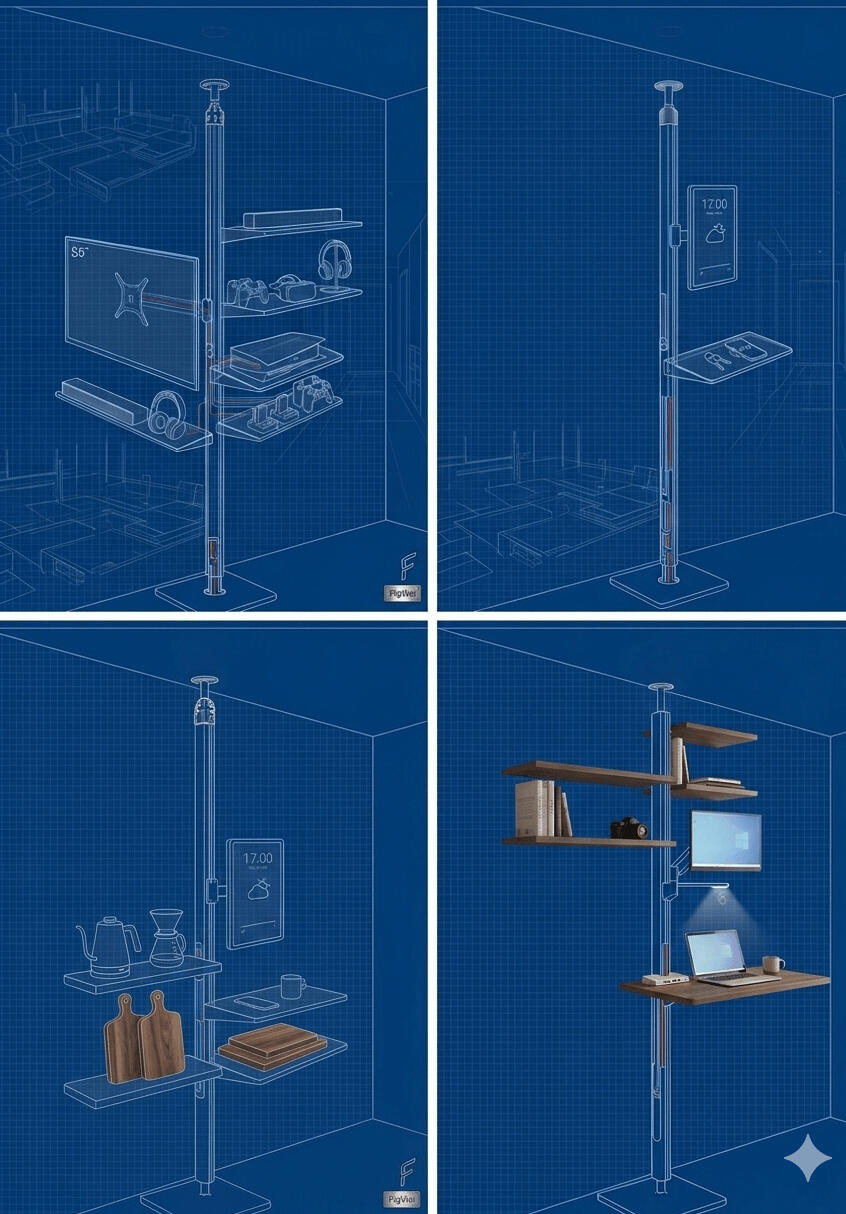 FloWal office workstation system featuring a vertical power-cabled cylinder with a top-mounted monitor and a lower printer shelf, highlighted by a glowing blue power indicator line