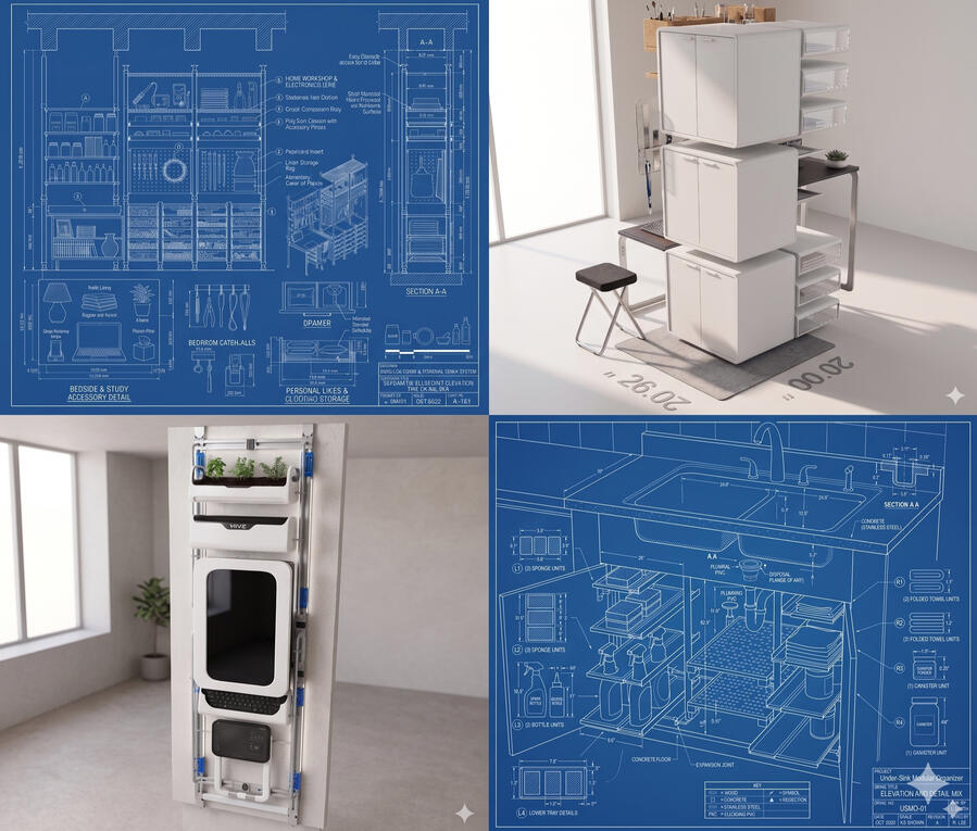 FloWal for Office FloWal office workstation system featuring a vertical power-cabled cylinder with a top-mounted monitor and a lower printer shelf, highlighted by a glowing blue power indicator line
